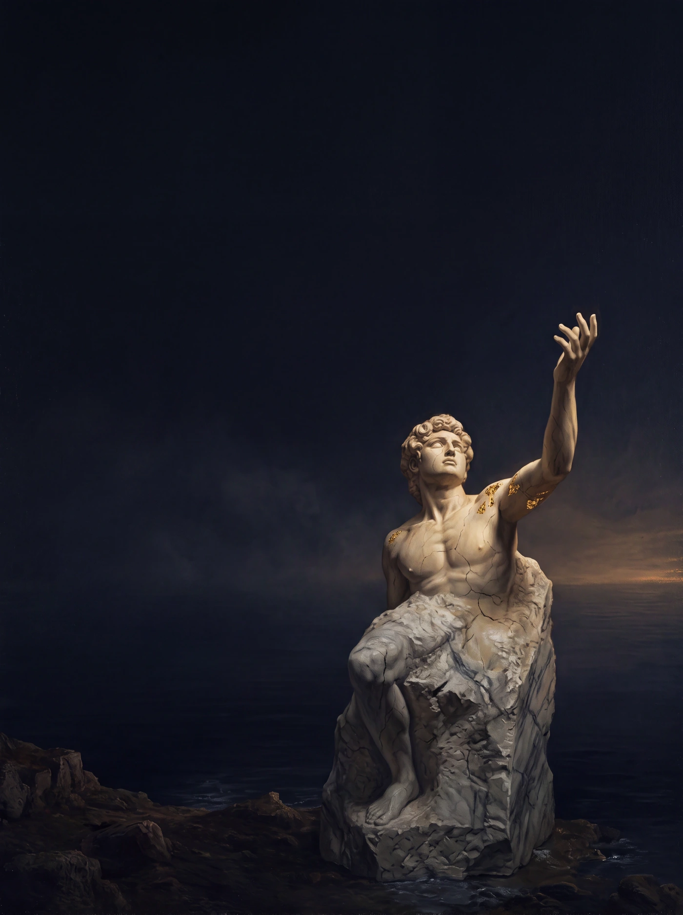 Eine unfertige Marmorstatue am Ufer, ein Arm zum Himmel gestreckt